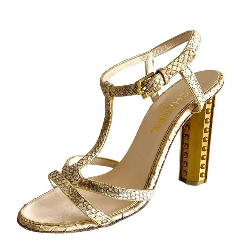 Chanel Python T-Strap Sandals 39.5 Gold Studded CC Column Heels Made in Italy